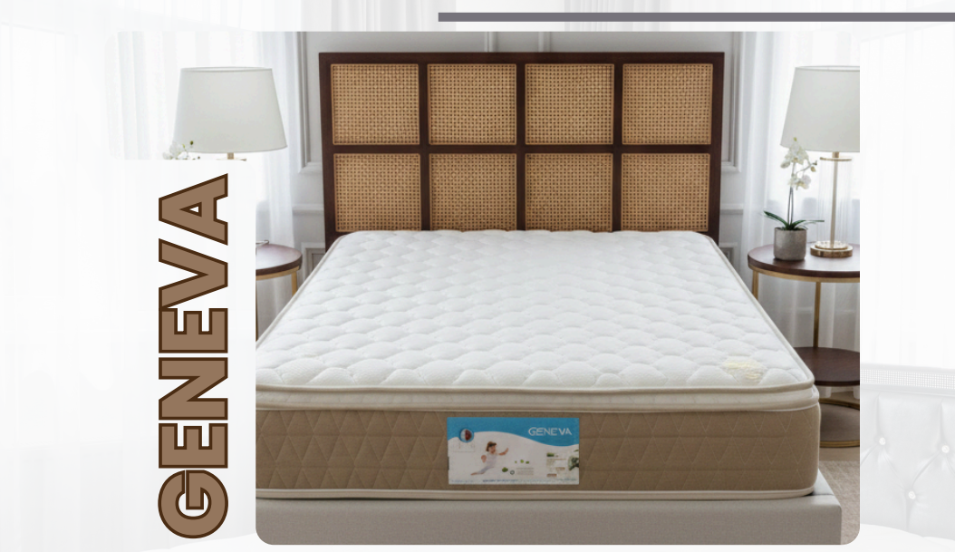 Geneva quilted mattress with a beige border, against a wooden grid headboard