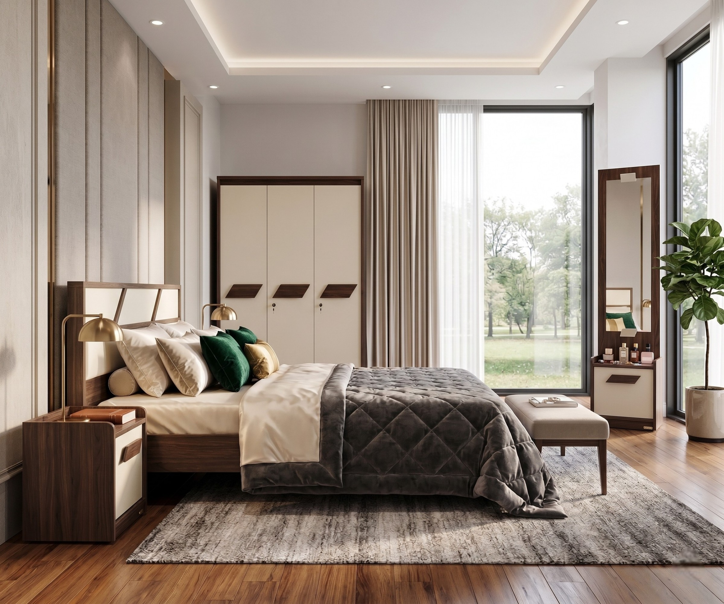 GEORGIA luxury wooden bedroom set staged in a bright room with a quilted throw