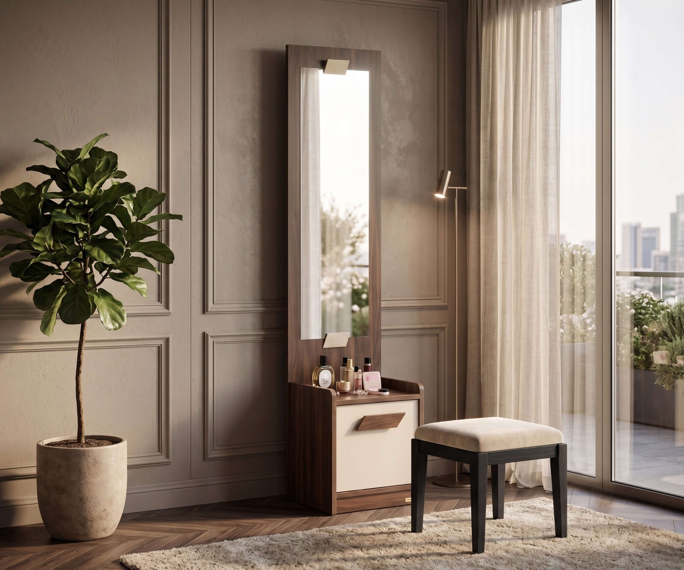 GEORGIA mirrored bedroom dresser in a warm room with a fiddle-leaf fig