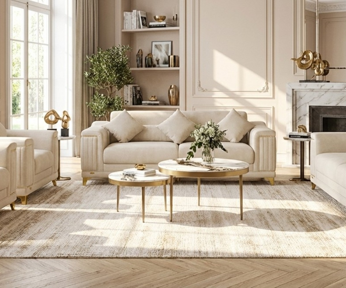 GISELLE cream ribbed sofa set in a bright panelled living room