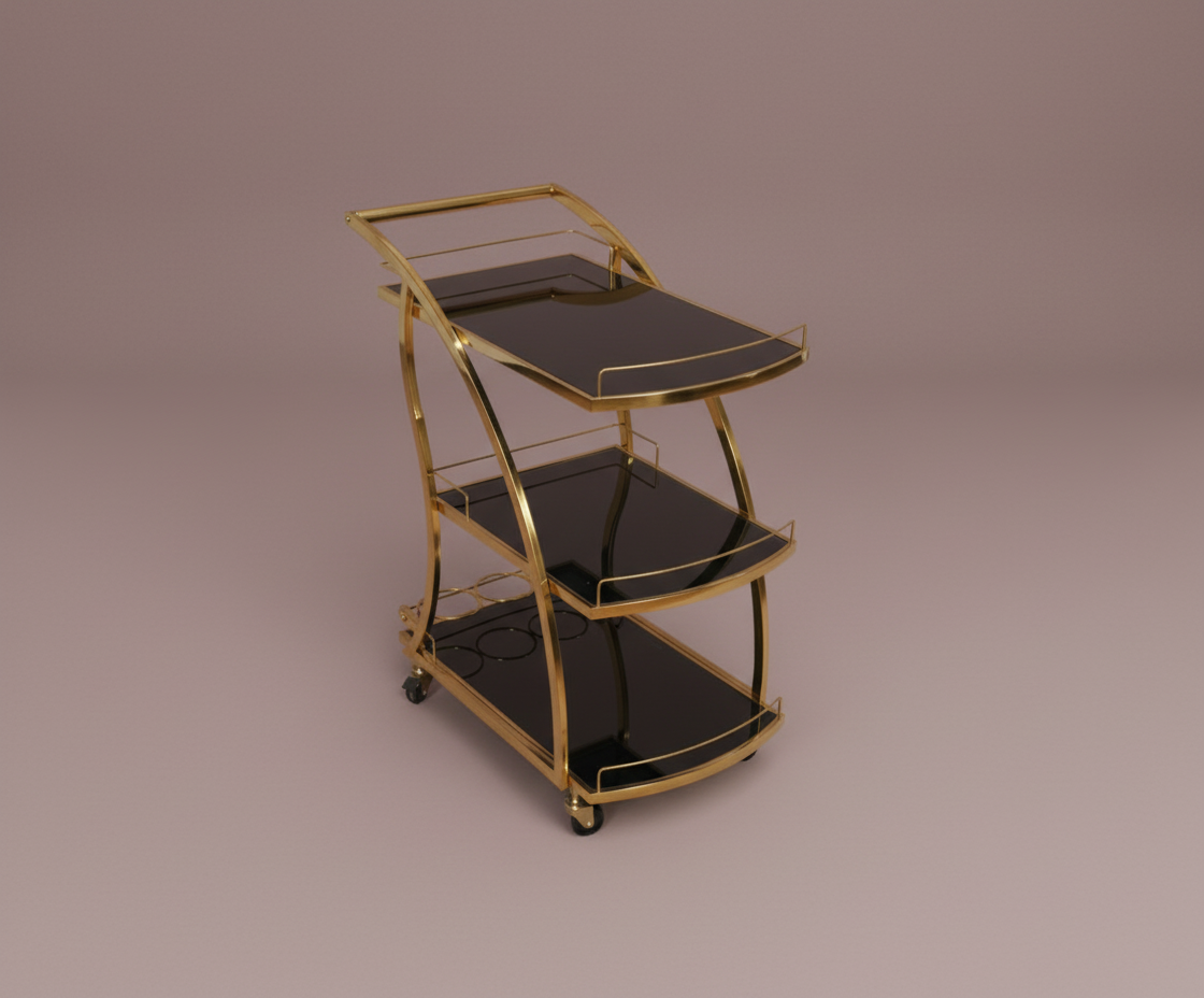GLASS TROLLEY DC1006, angled view with brass rails and smoked glass shelves