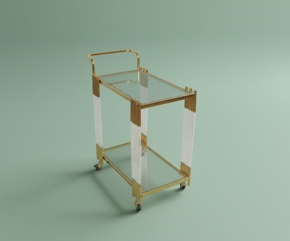 GLASS TROLLEY DC1016, angled view with glass shelves and fluted acrylic legs