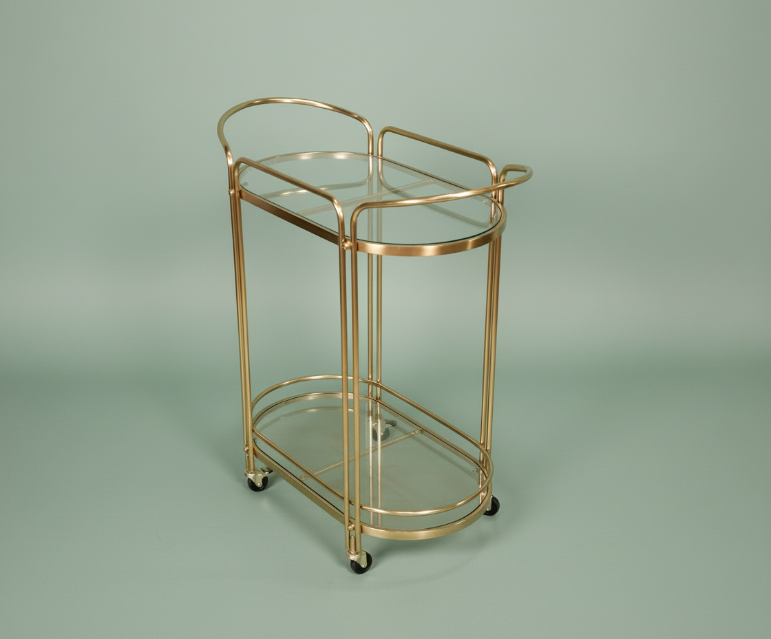 GLASS TROLLEY DC1021, angled view of a two-tier brass and glass cart