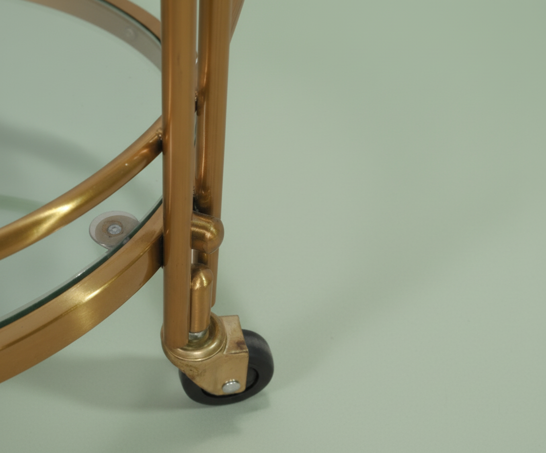 GLASS TROLLEY DC1021, angled view of a two-tier brass and glass cart