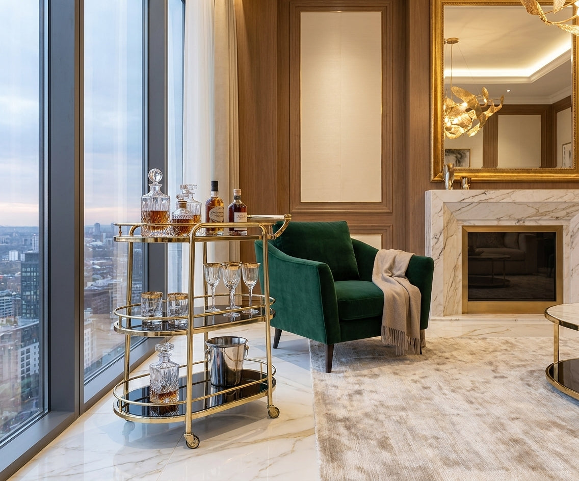 GLASS TROLLEY DC1027# in a city-view lounge beside a green velvet armchair