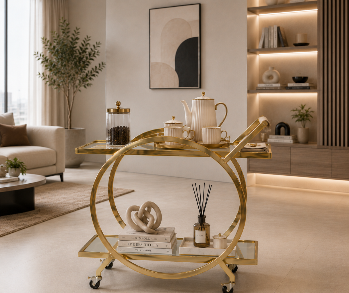 GLASS TROLLEY DC1035 in a bright living room styled with a tea set
