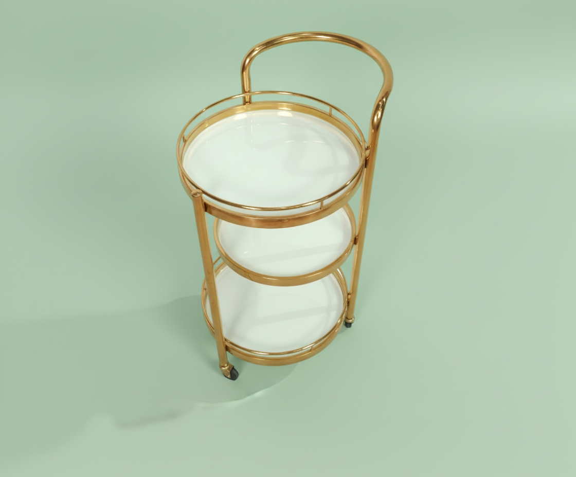 GLASS TROLLEY DC1036, angled view of a round two-tier brass and glass cart