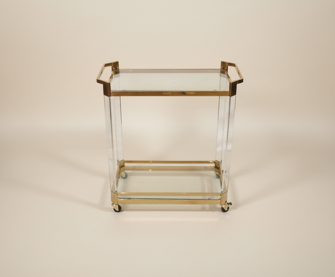 GLASS TROLLEY DC1040, angled view with clear glass shelves and acrylic legs