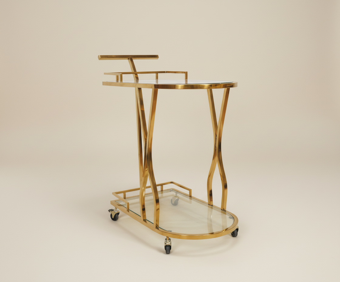 GLASS TROLLEY DC1053, angled view of an oval brass cart with glass shelves