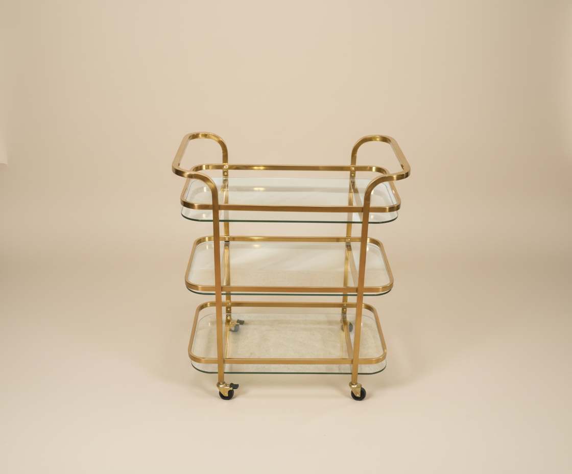 GLASS TROLLEY DC1060, front view of three glass tiers in a brass frame