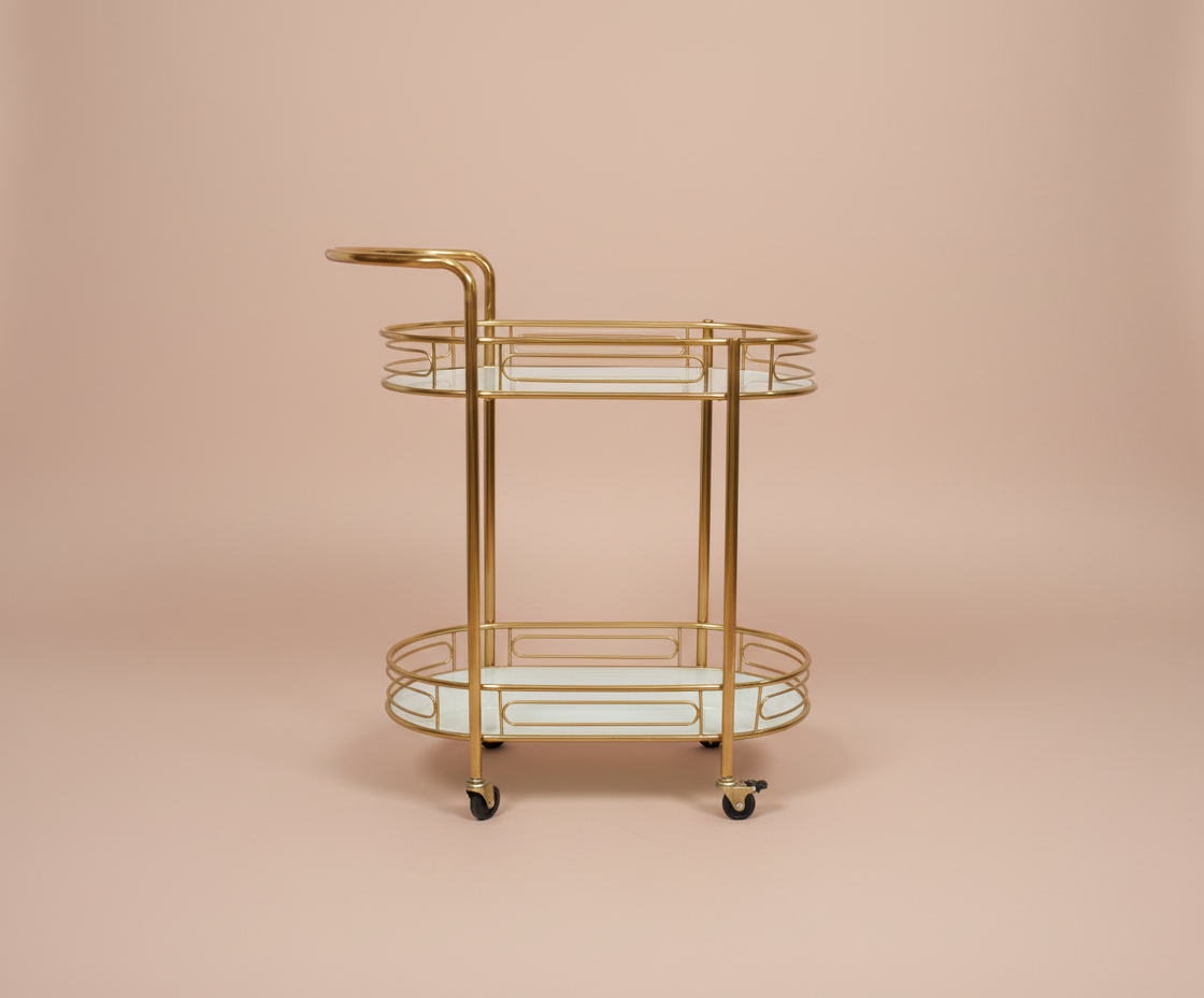 GLASS TROLLEY DC1080, front view of a two-tier oval brass cart