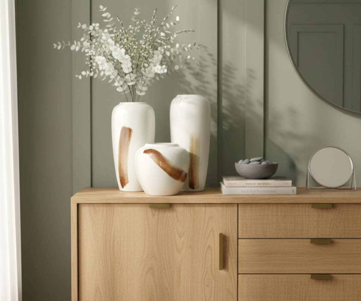 Glossy cream decorative vase A928, styled on an oak sideboard with a mirror