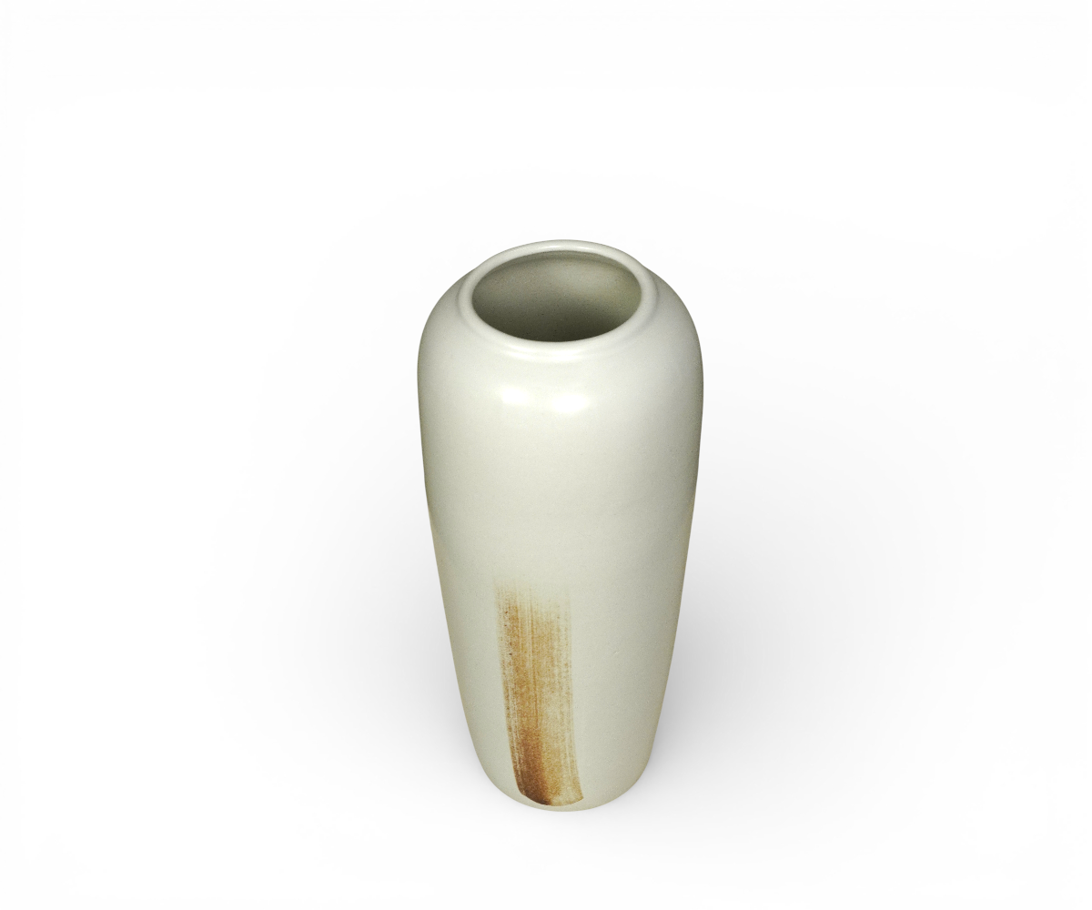 Glossy cream decorative vase A928, styled on an oak sideboard with a mirror
