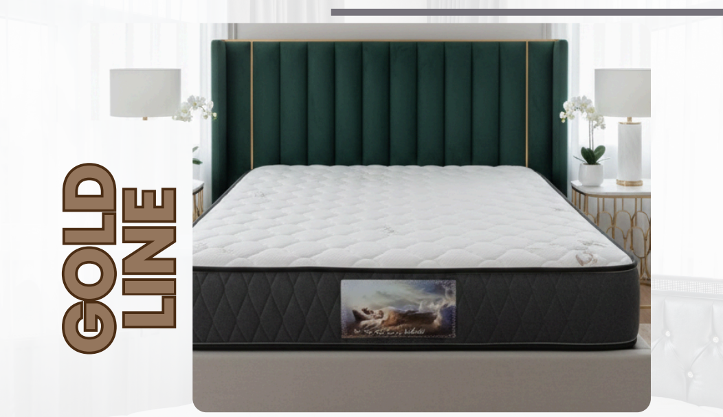 Gold Line pillow-top mattress with a charcoal border, with a green channel headboard