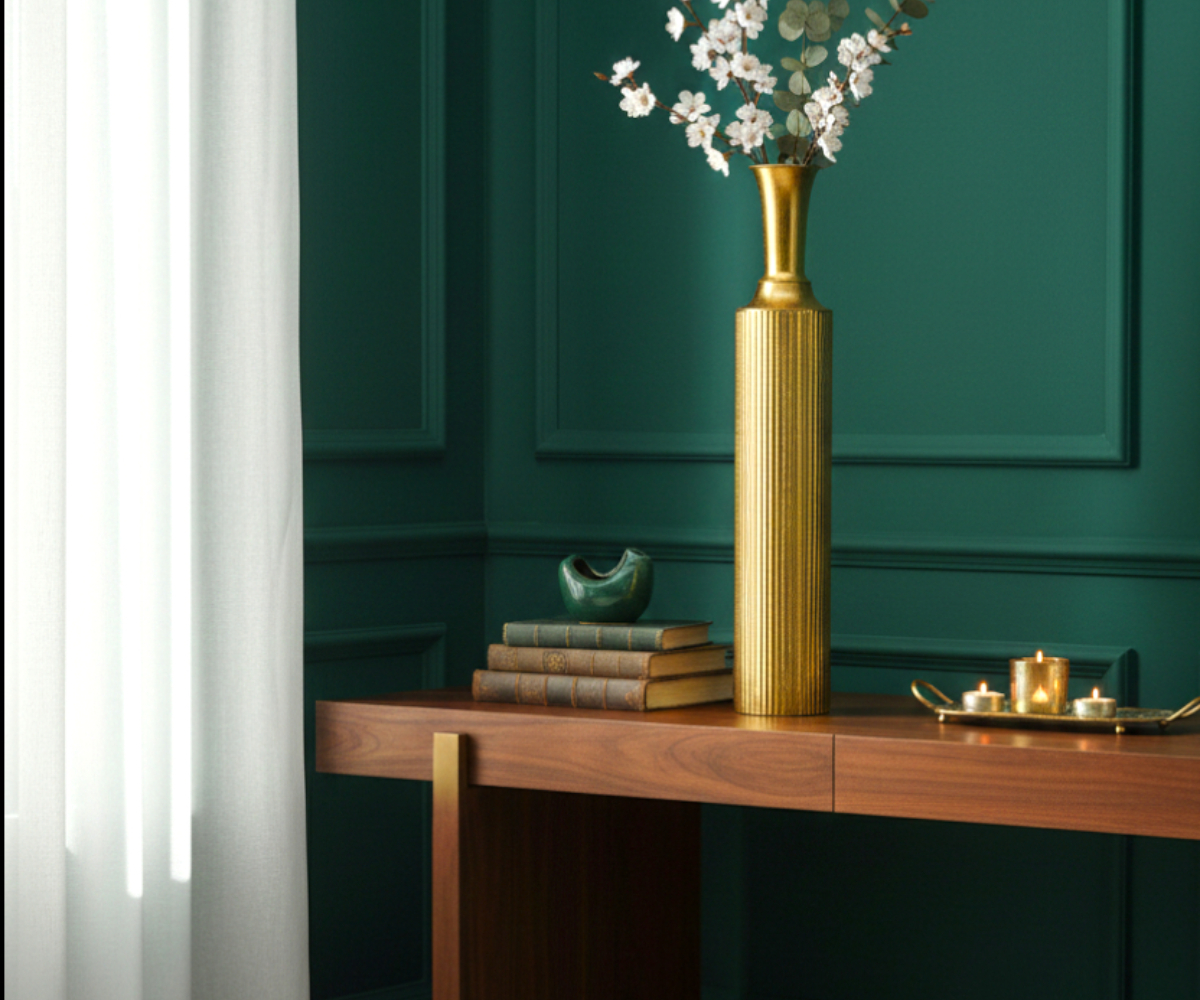 Gold ribbed floor vase FFO15-54, styled with blossom on a console table