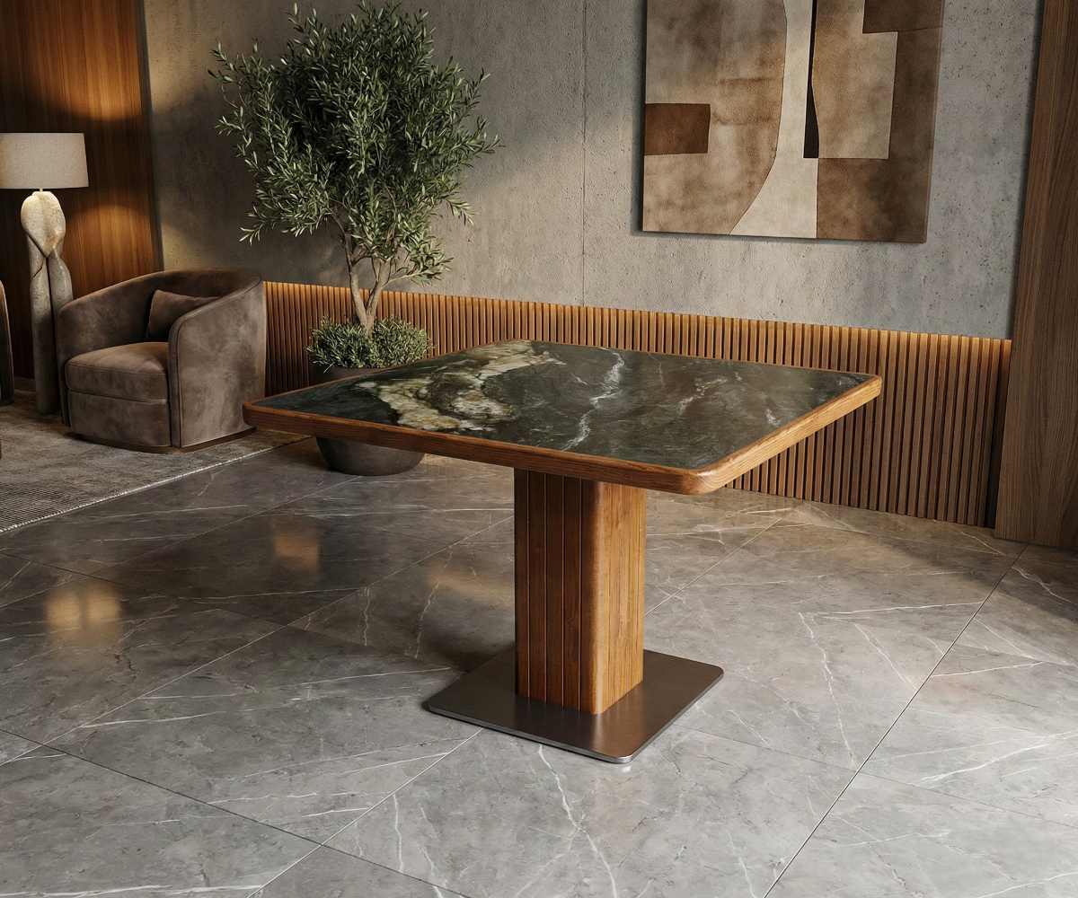Granite edge cafe table in a restaurant with fluted panelling and an olive tree