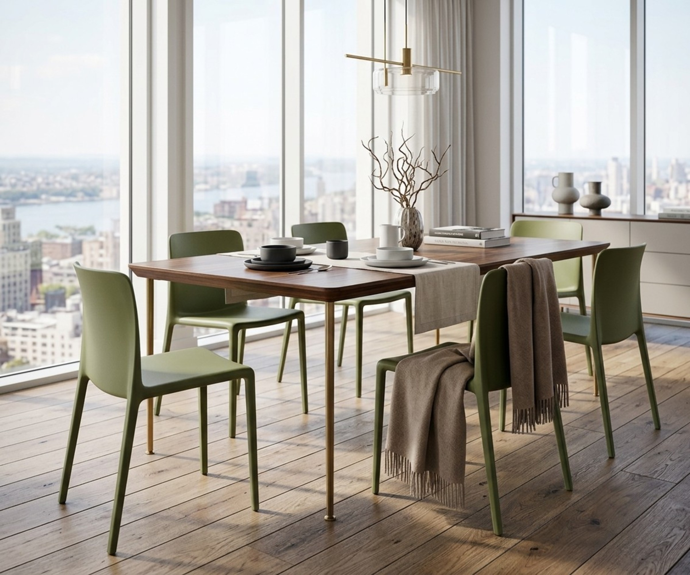 GREEN A650 plastic chair around a walnut table in a city-view dining room