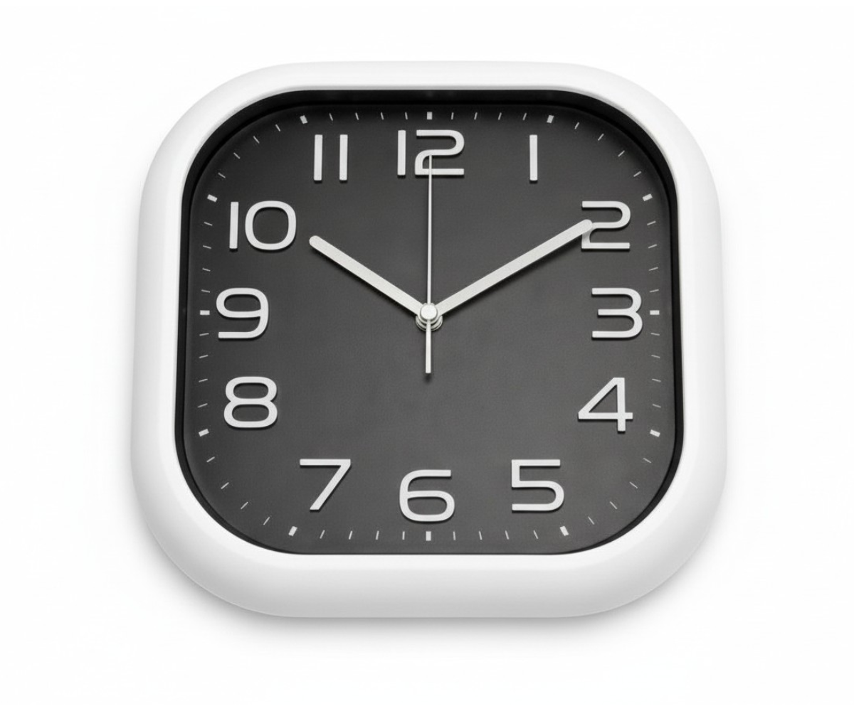 Grey dial square clock with rounded corners and a white frame