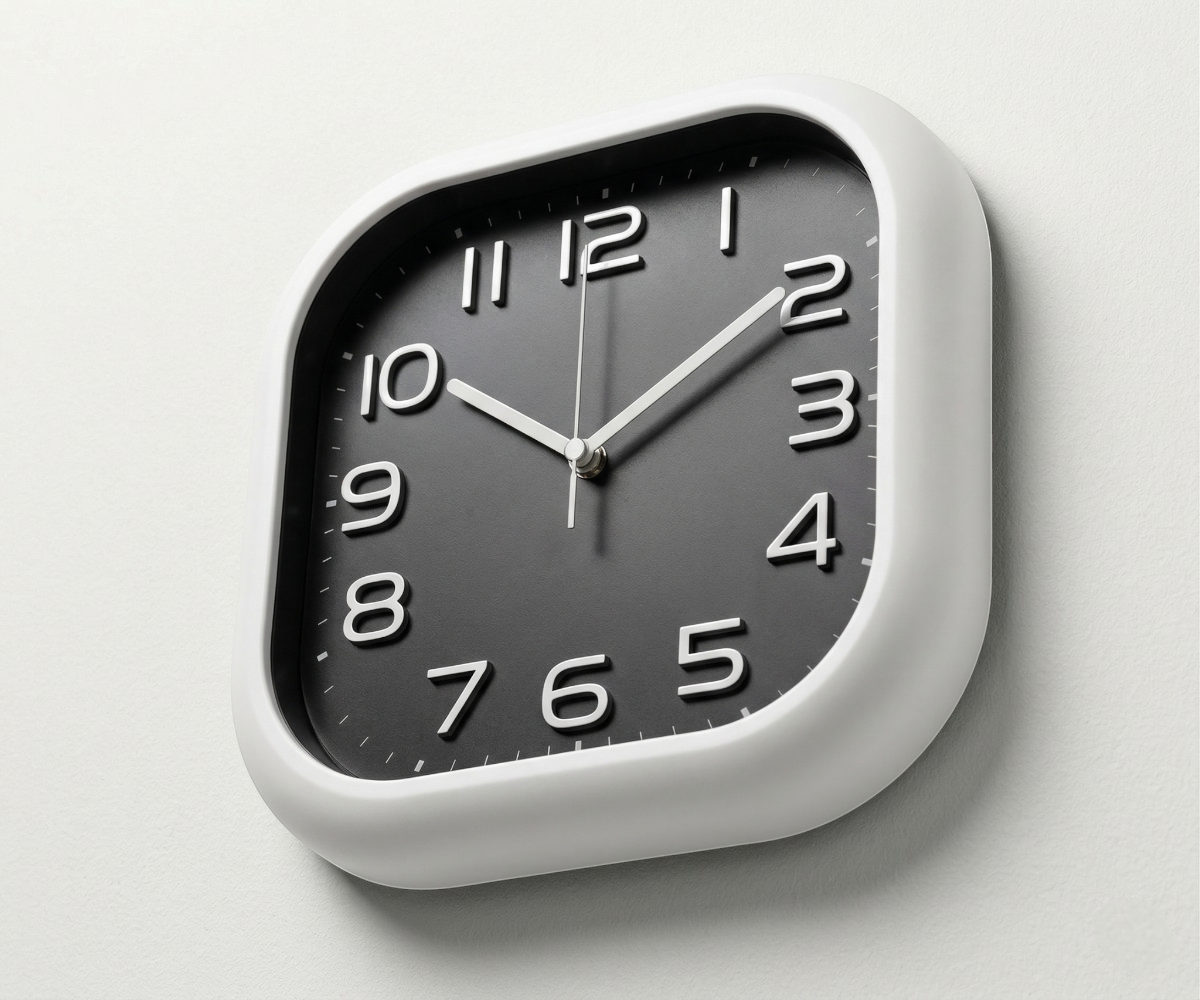 Grey dial square clock with rounded corners and a white frame