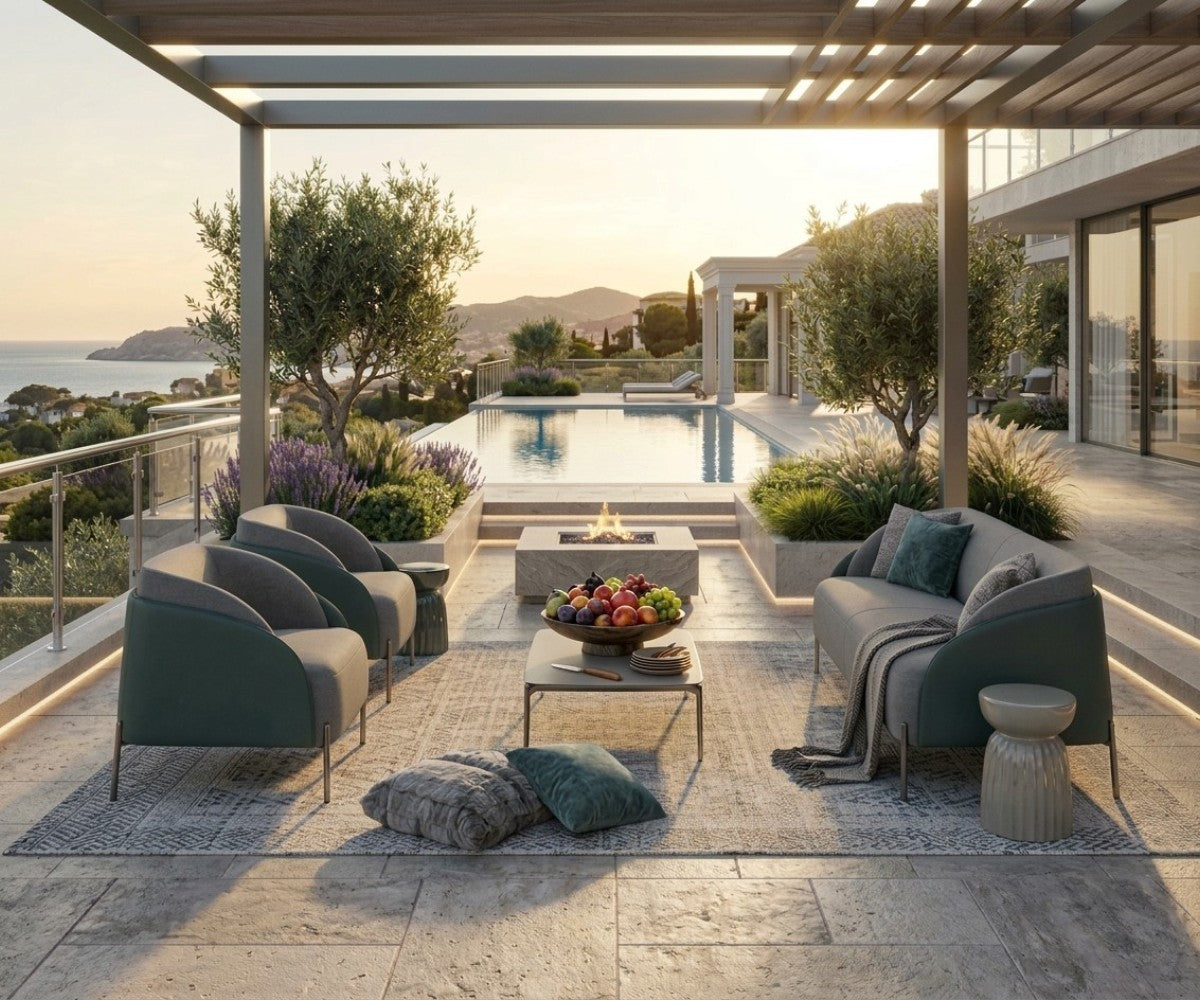 Grey and green three-piece sofa set with two matching armchairs in a luxurious, well-lit modern living room