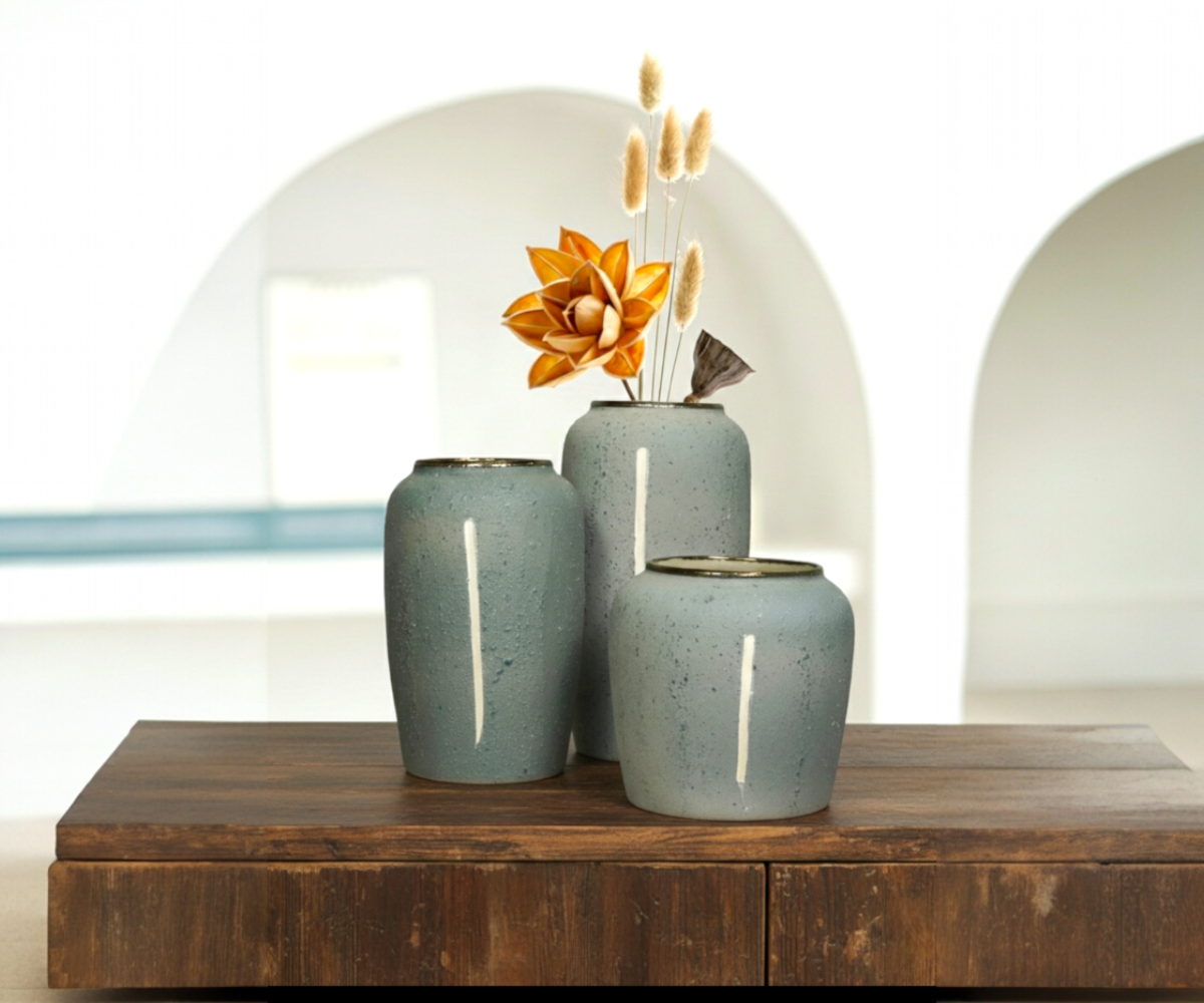 Grey textured ceramic vase A1008, three vases styled on a rustic wood table