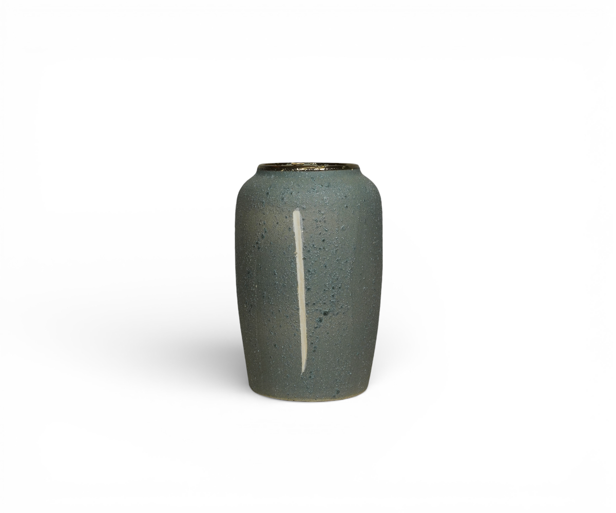 Grey textured ceramic vase A1008, three vases styled on a rustic wood table