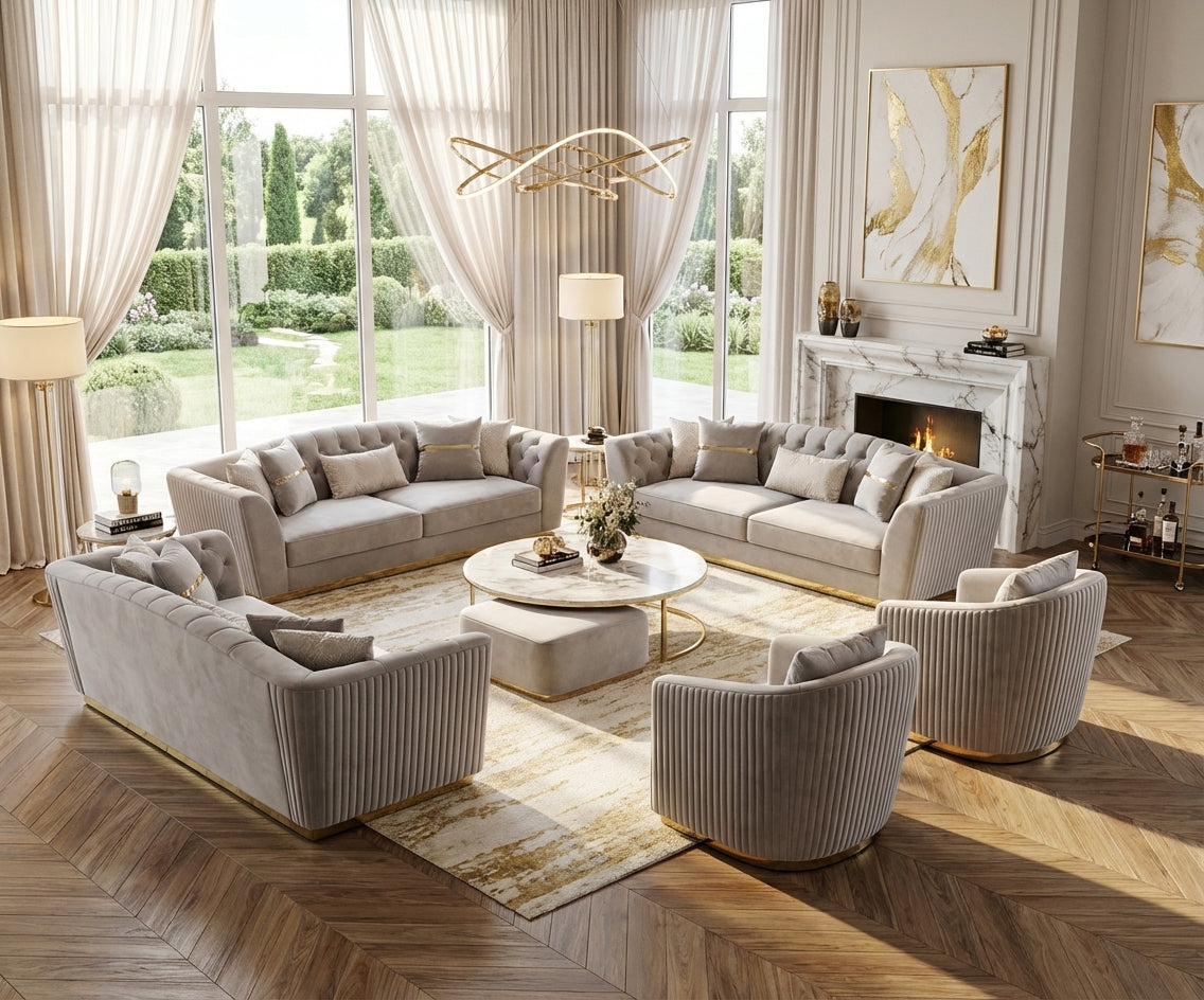 GUCCI grey velvet sofa set in a bright panelled living room