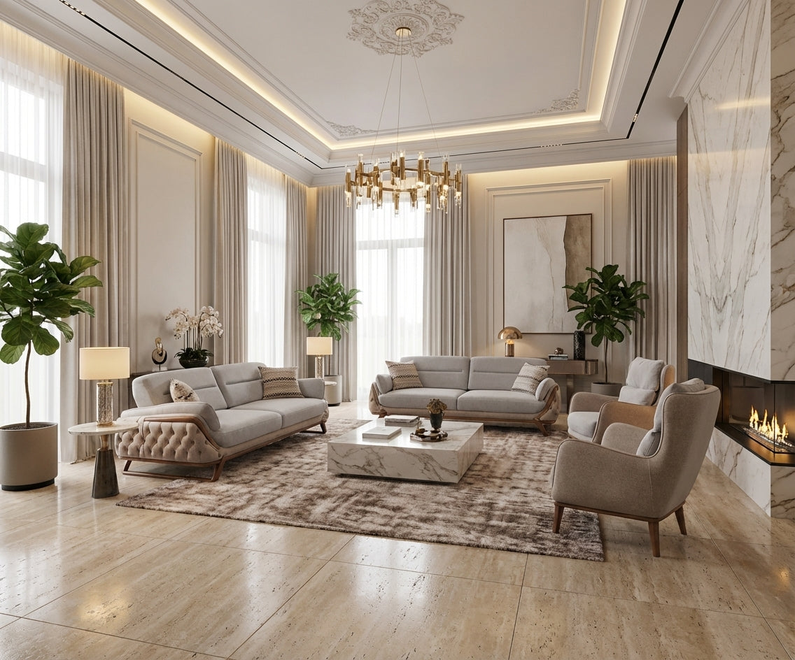 GUSTO grey fabric sofa set in a chandelier-lit marble living room