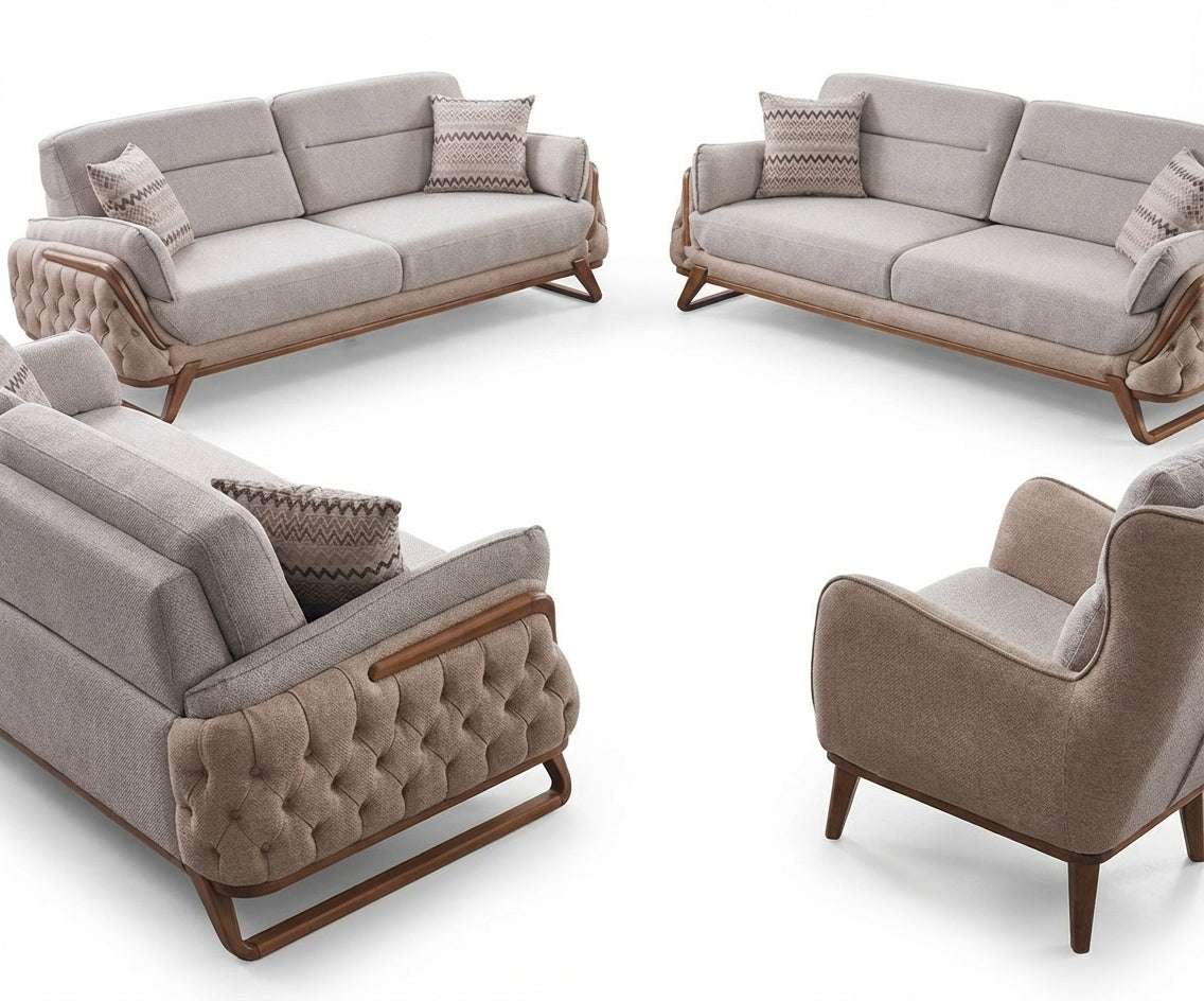 GUSTO grey fabric sofa set in a chandelier-lit marble living room