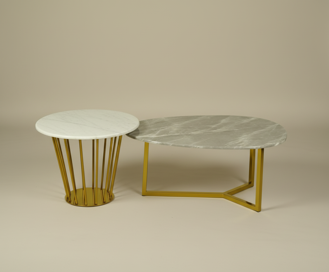 H035 marble gold tables, angled view of the nested pair on gold frames