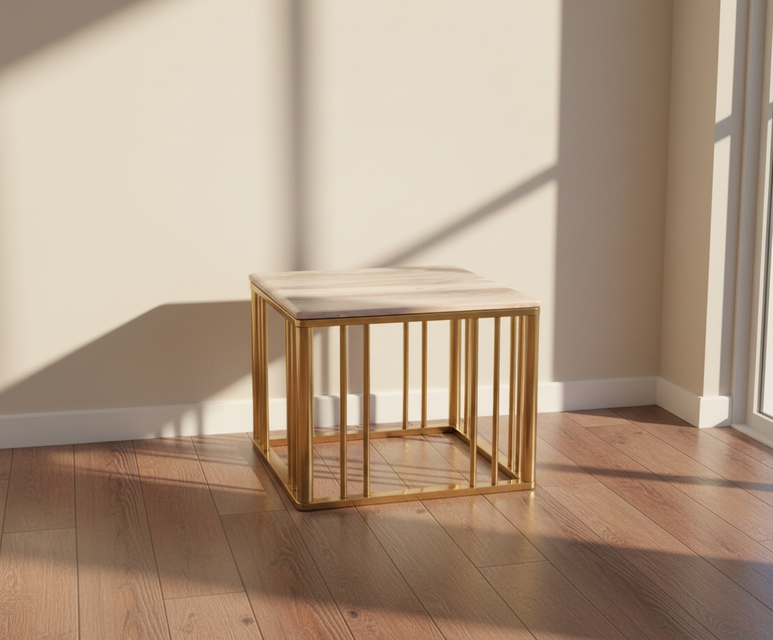 H051 marble gold table in a sunlit room with wooden flooring