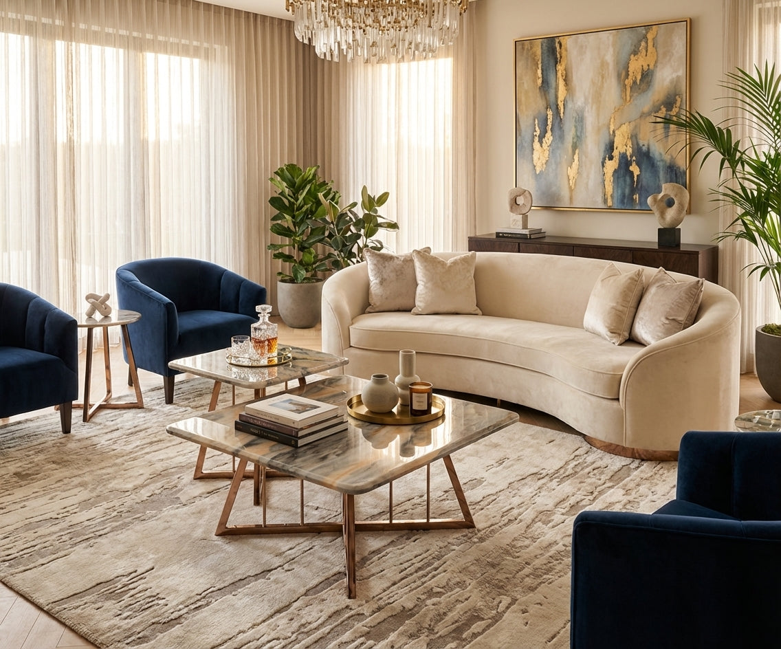 H063# marble nesting set in a bright city-view living room