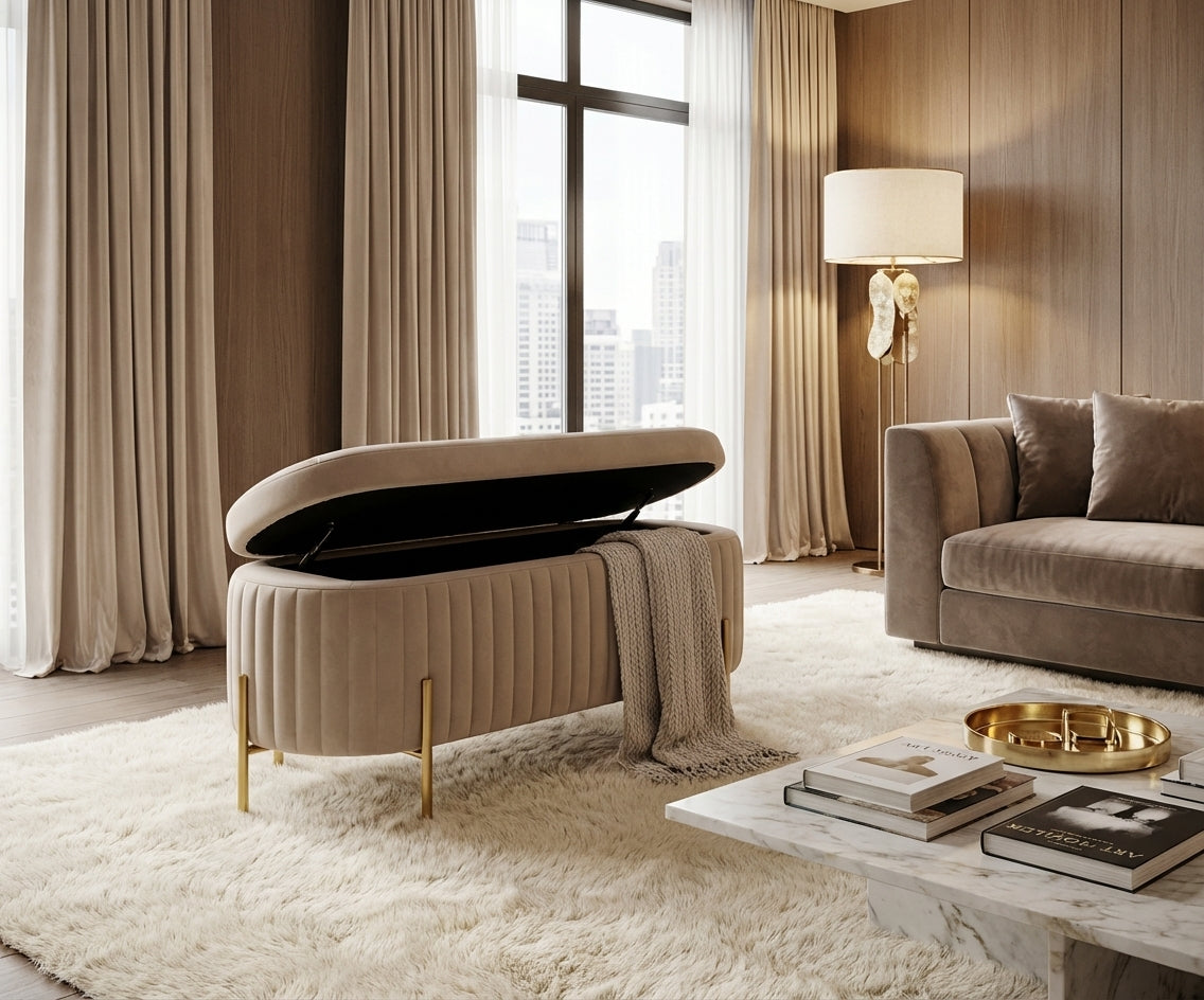 H07 storage puffy chair in a curtained city-view room, lid raised