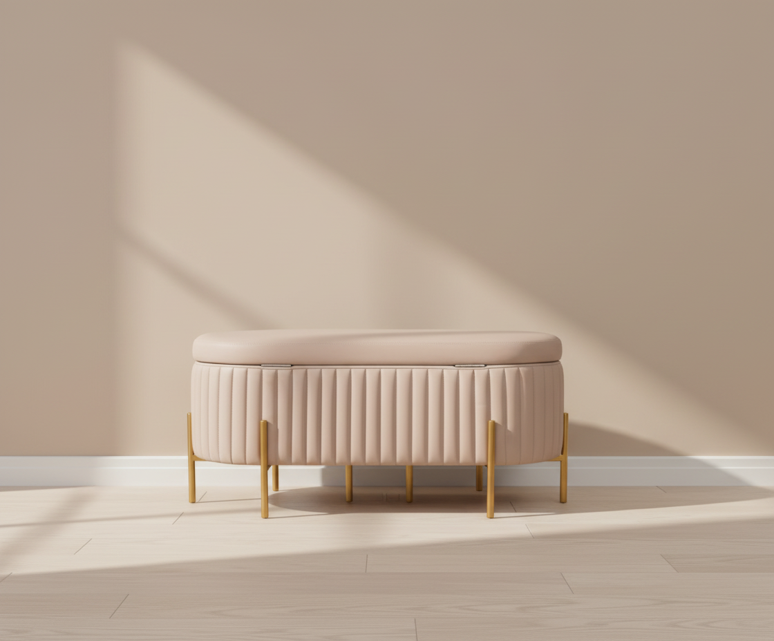 H07 storage puffy chair in a curtained city-view room, lid raised
