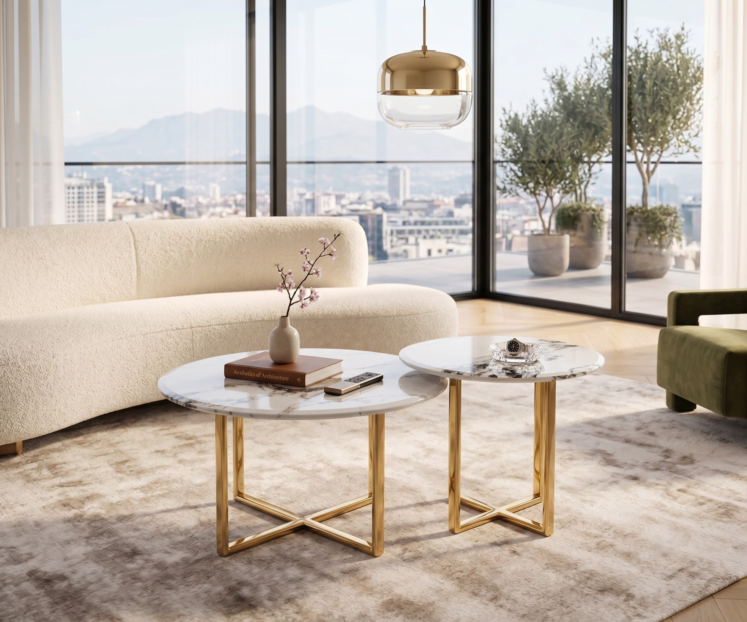 H086 marble gold tables in a bright city-view living room