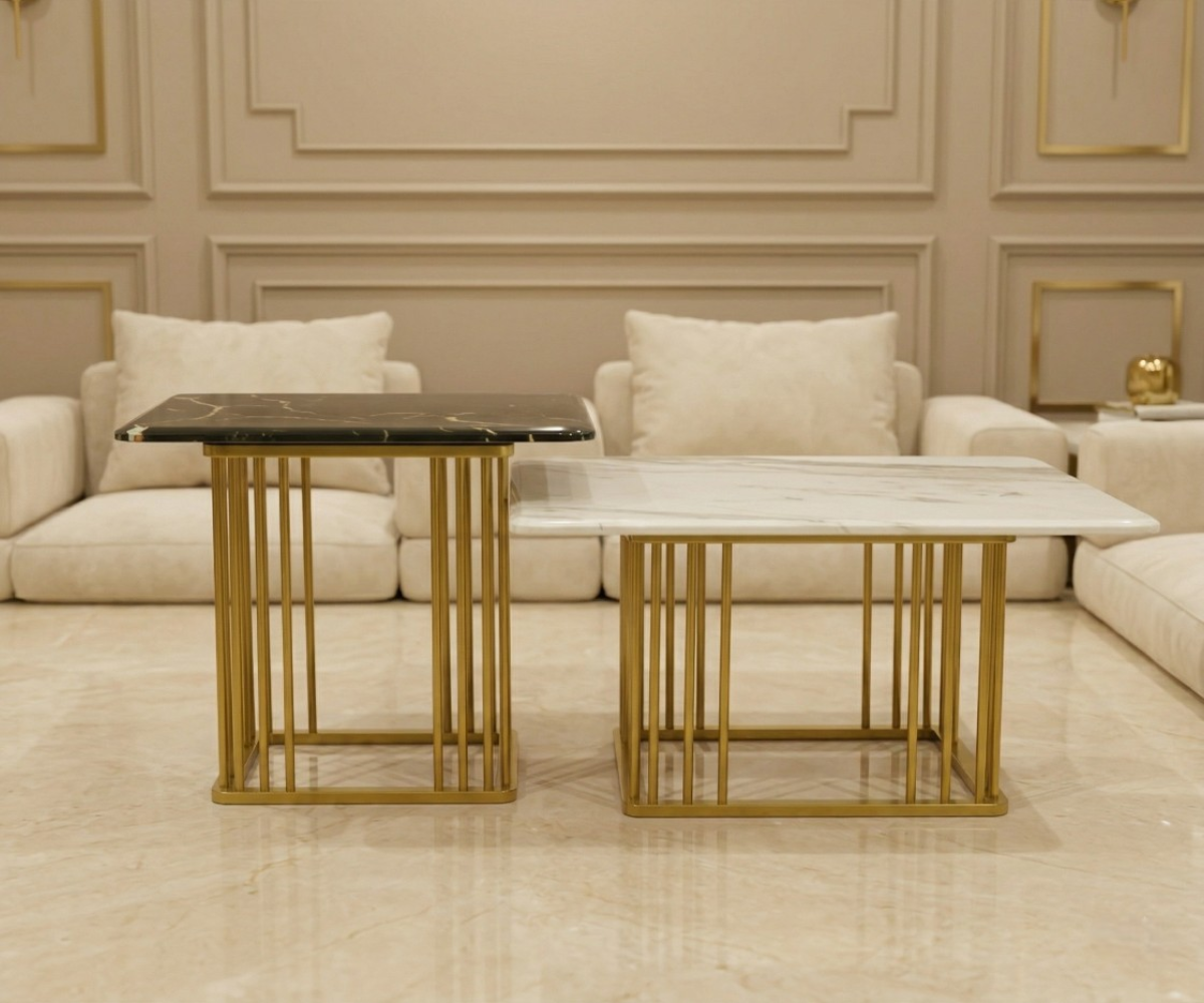 H087 gold marble tables beside a cream sofa in a panelled room