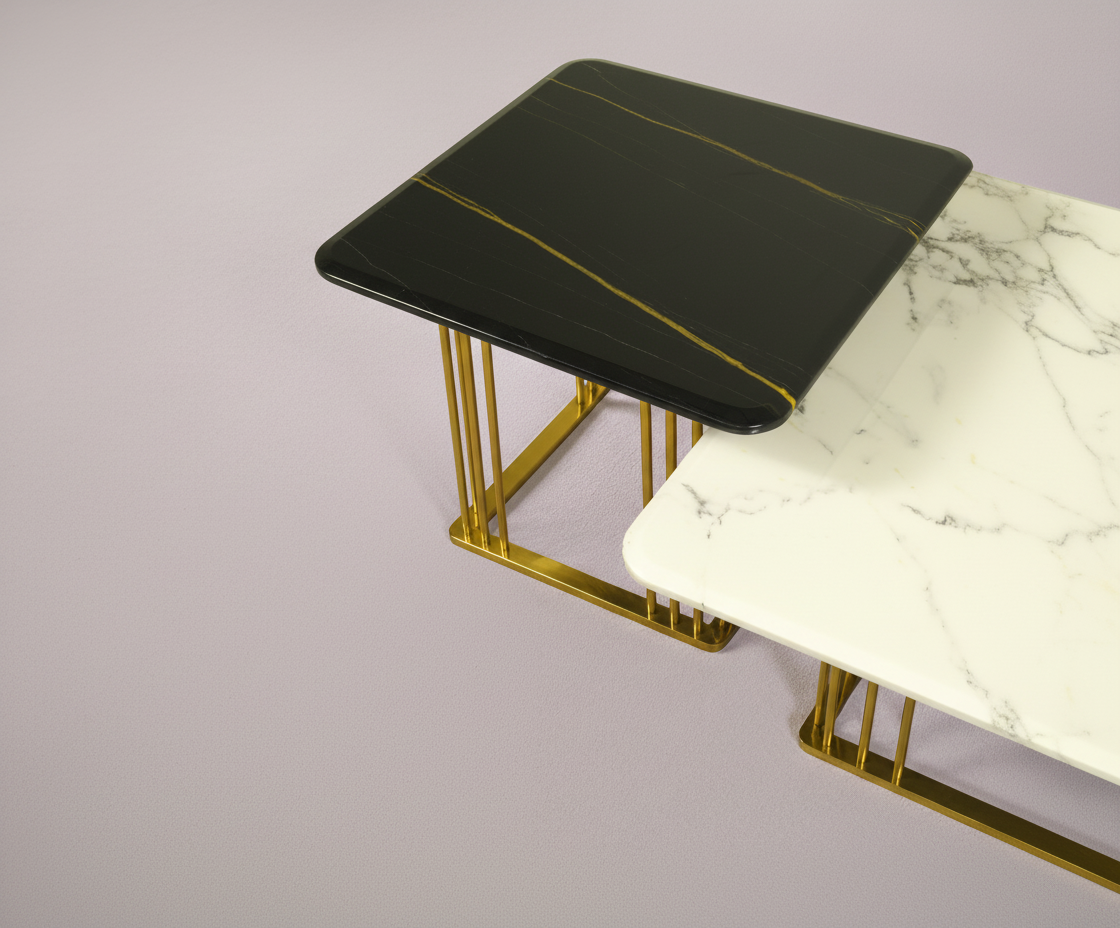 H087 gold marble tables beside a cream sofa in a panelled room