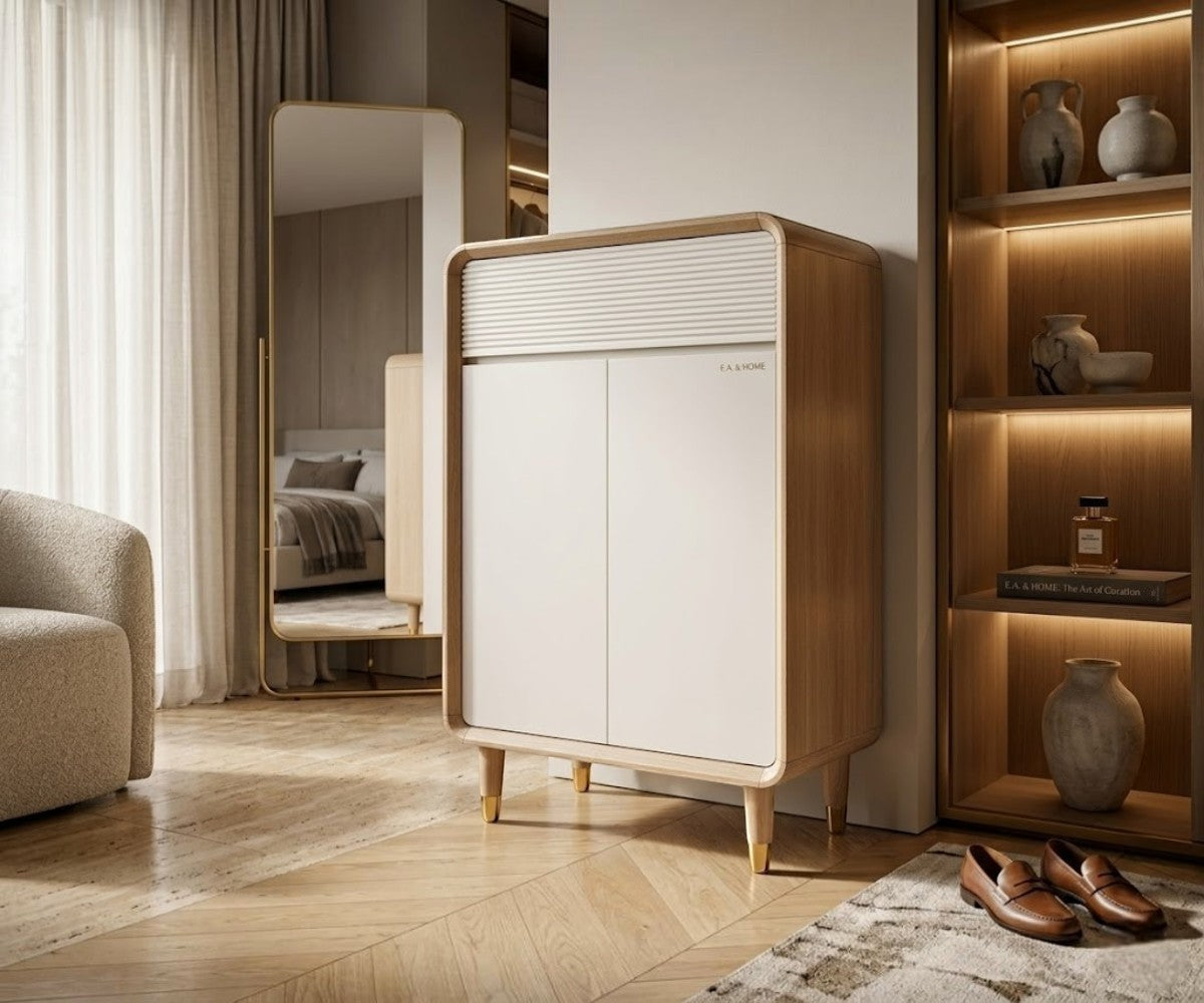 #H570 tall storage organizer beside a mirror in a warm-lit dressing area