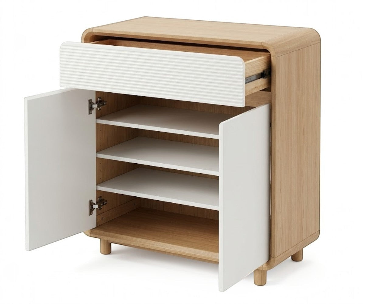 #H570 tall storage organizer beside a mirror in a warm-lit dressing area
