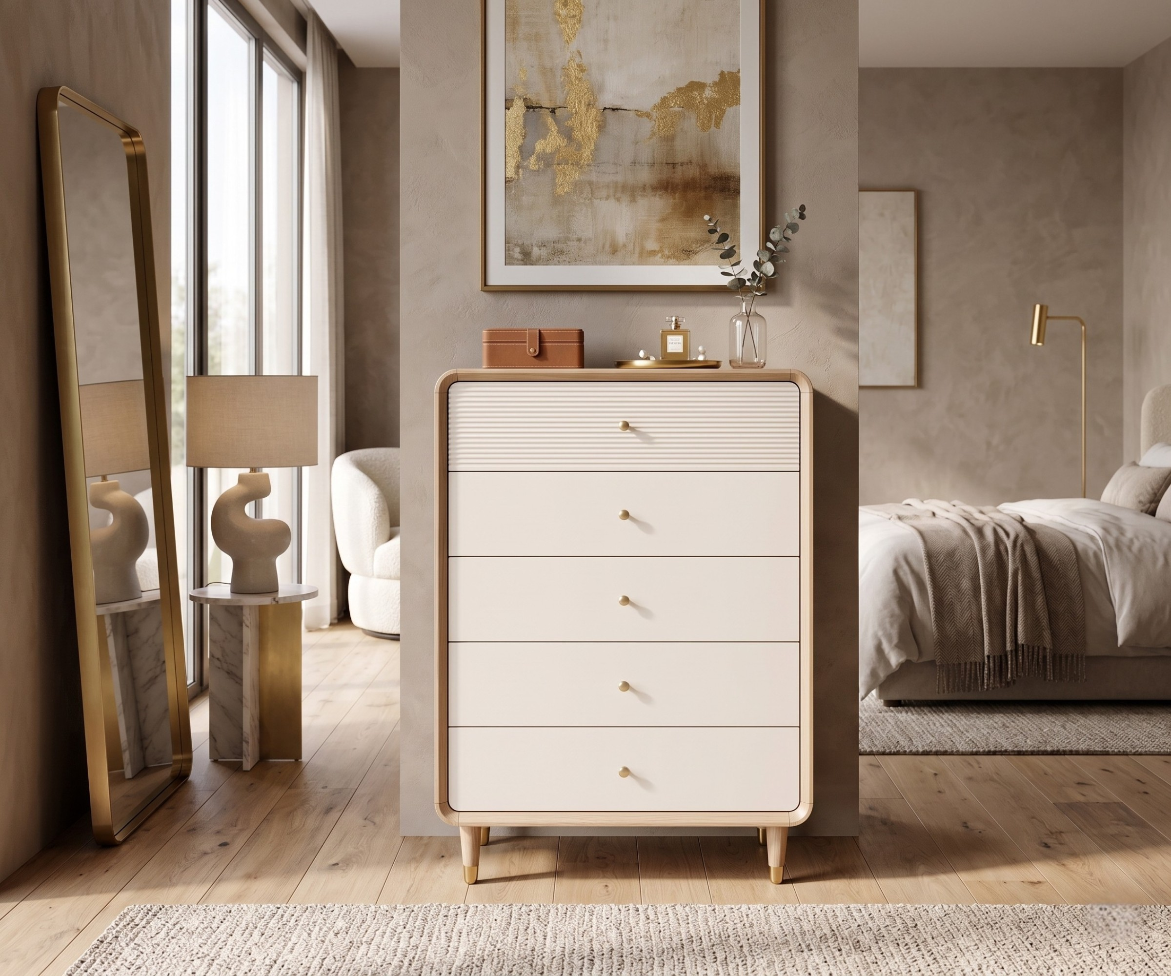 H665 white storage dresser in a warm bedroom beside a leaning arched mirror
