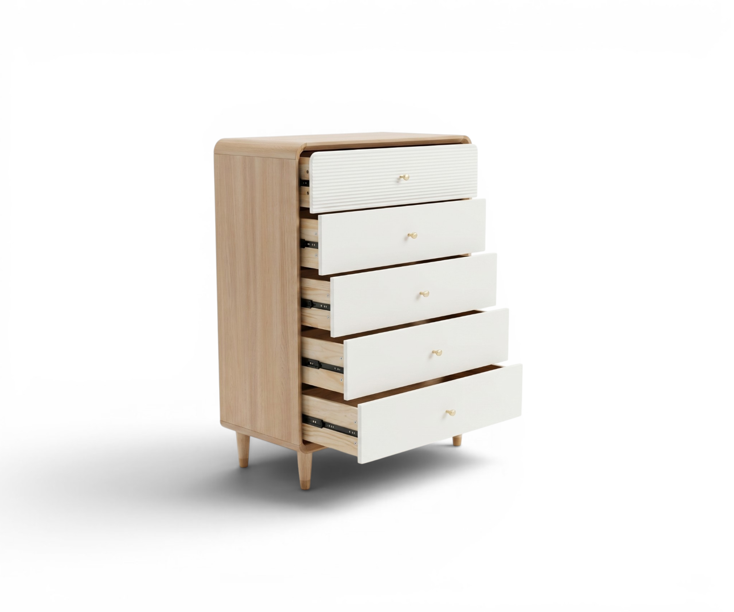 H665 white storage dresser in a warm bedroom beside a leaning arched mirror