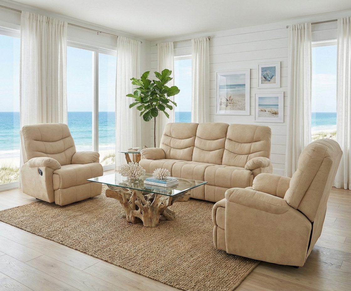 Haily beige recliner set in a coastal living room with a sea view
