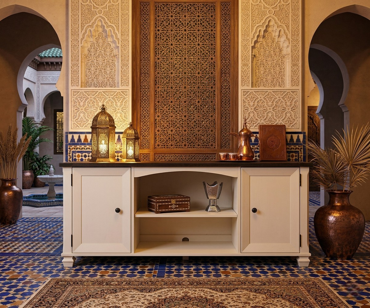 HARLOW cream wood TV console unit in a Moroccan-style room with lanterns
