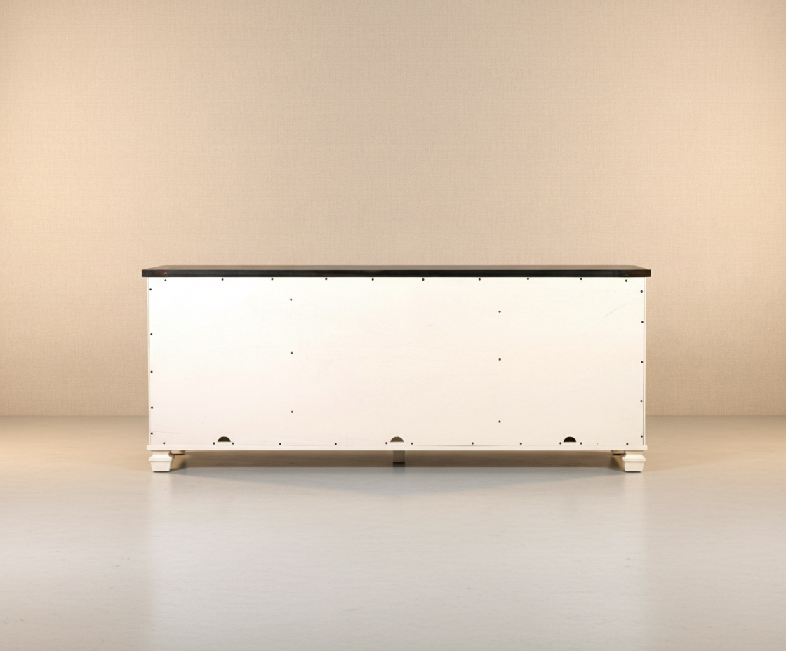 HARLOW cream wood TV console unit in a Moroccan-style room with lanterns
