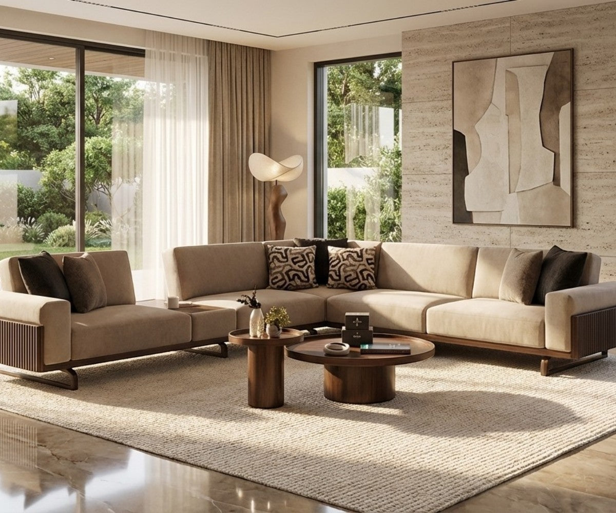 HARMONY beige teak corner sofa in a bright garden-view living room
