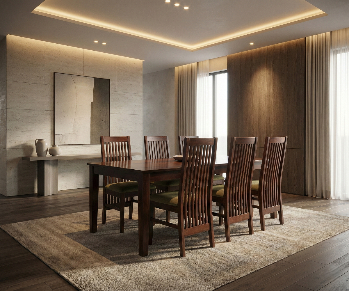HAVANA mahogany slat-back dining set in a warm lit dining room