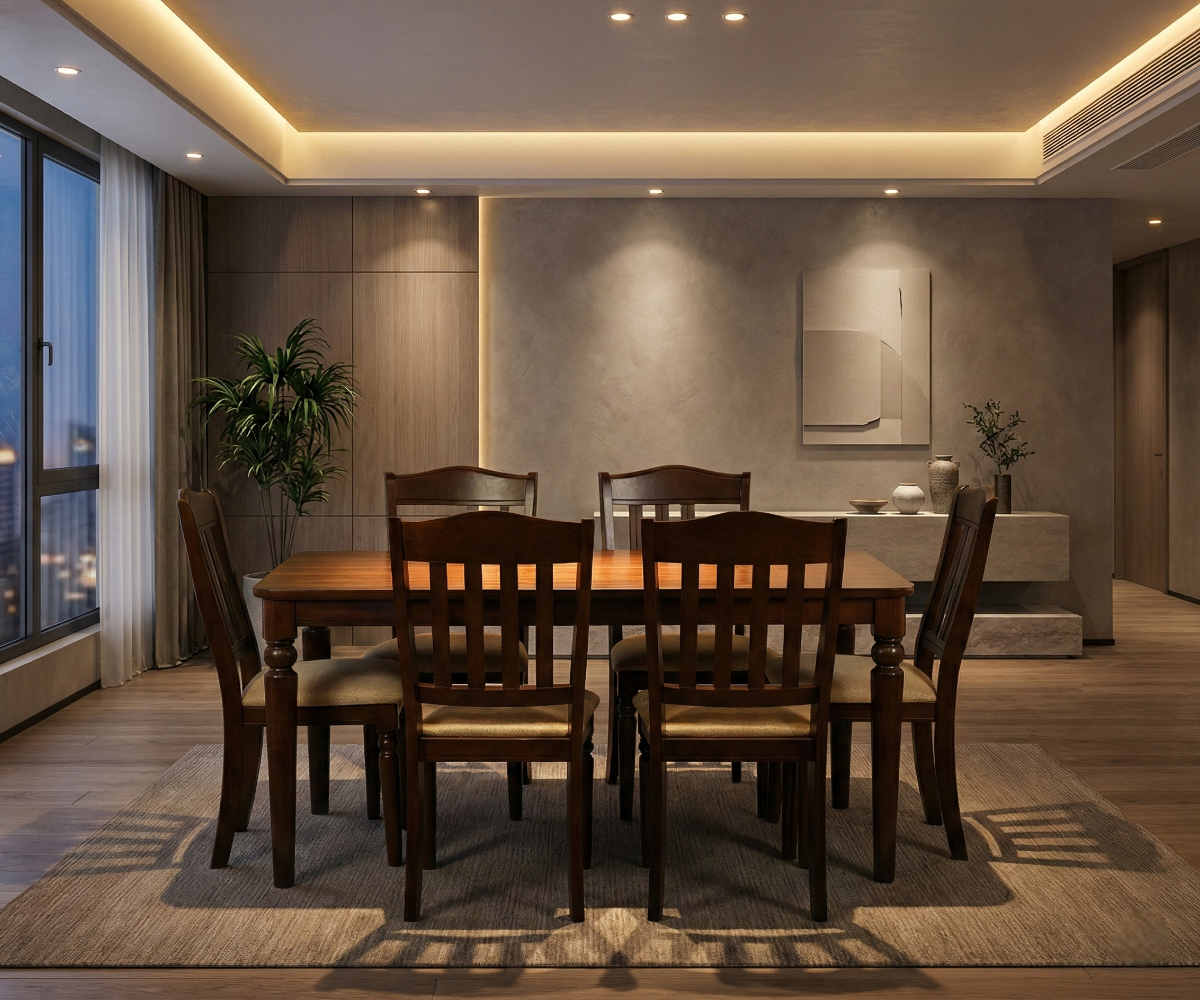HAVO espresso turned leg dining set in a city-view dining room