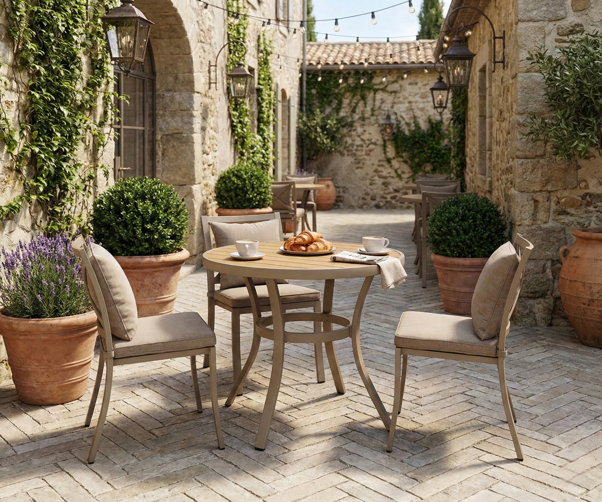 HD-H1305 outdoor dining table, bistro set in a stone-walled courtyard