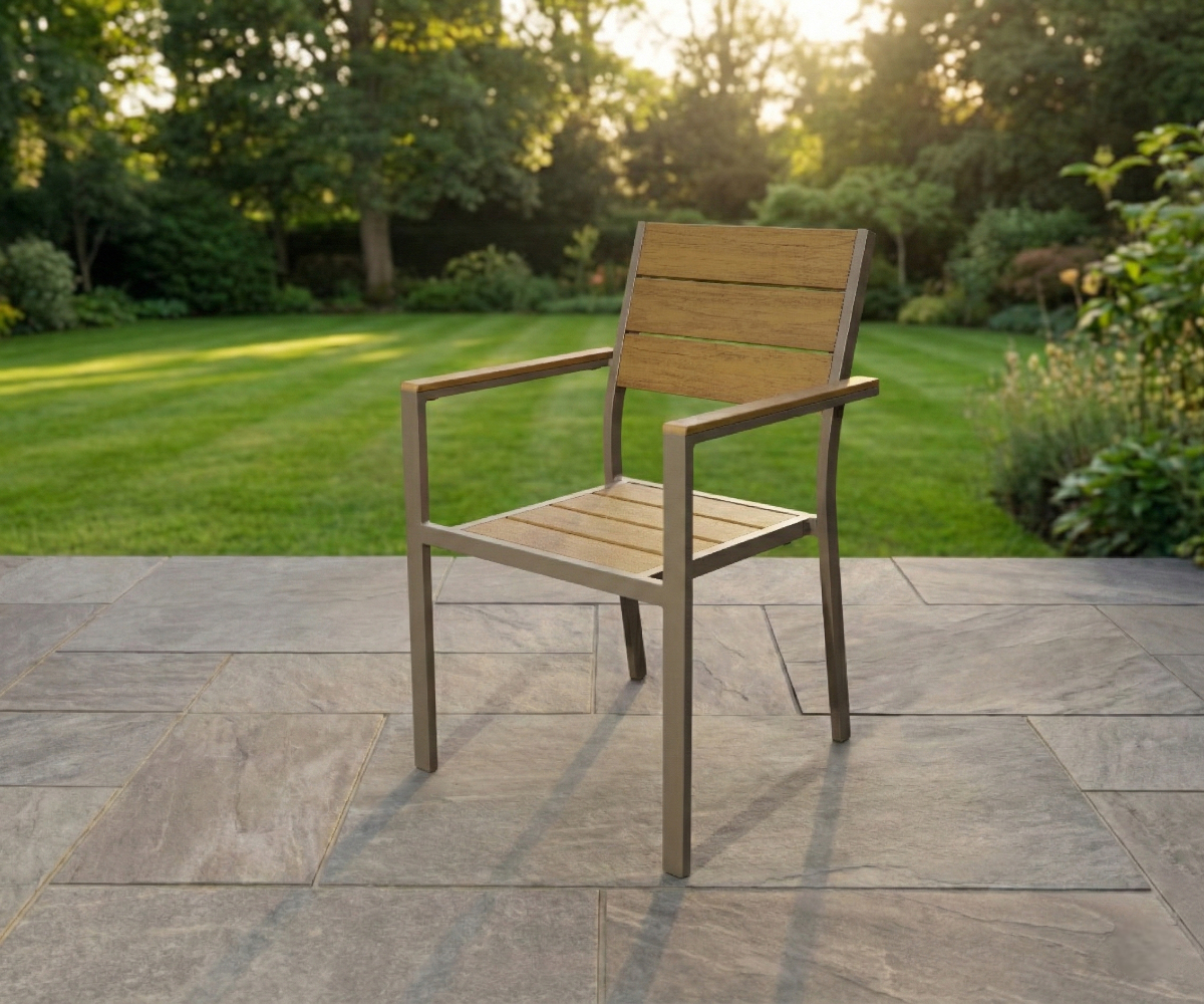 HD-H1316 outdoor chair, slatted armchair on a paved garden terrace