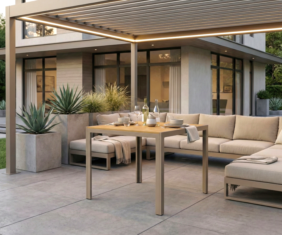 HD-H1316 outdoor table, dining table under a pergola beside a lounge set